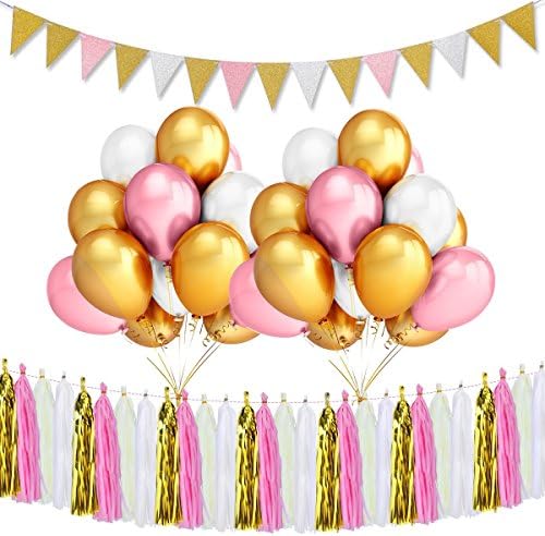 LETTERS FROM HEAVEN, Gold &amp; Pink &amp; White Party Balloons,Tissue Tassel Garland and Gold &amp; Pink &amp; White Color Vintage Style Pennant Banner,Party Decoration Supplies