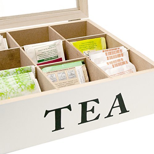 ToCi Teebox Holz Weiß mit 9 Fächern | Quadratische Teekiste Teedose Teebeutel Box Aufbewahrung | 24 x 24 x 8 cm (LxBxH) | „Tea Box“ im Vintage Look - 3