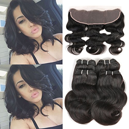 MS Taj Brazilain cuerpo Wave corto cabello humano con encaje frontal sin procesar Virgen Pelo cuerpo Wave 4 paquetes 50 G/pieza con 13 × 4 Inch frontal cierre pelo humano tejido Natural color