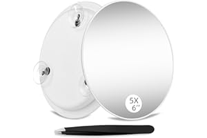 SUUPVAOR Vergrößerungsspiegel 5fach mit 3 Saugnäpfen, Großer 15cm 5-Fach Vergrößerungsspiegel mit Saugnapf zum Aufkleben im Badezimmer, 5X Reise-Kosmetikspiegel mit Pinzette