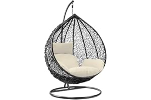 Rattan Swing Egg Chair | Holywarm Garden Swing Chair with Cushion | Indoor Outdoor Hanging Chair with Stand | Hammock Egg Chairs for Garden Bedroom Balcony (Black Egg Chair & White Cushion)