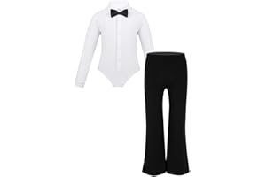ranrann Camicia da Ballo Bambino Body Danza Classica Ragazzo Ballerina Pantaloni a Palazzo Vita Alta per Latino Samba Rumba Balletto Tuta Pattinaggio Artistico Dancewear