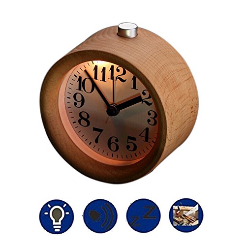 Wecker Holz, Calar Nachtlicht Kinder Stunden Kleiner Wecker Holz Retro Runde Tischuhr Snooze Funktion Lautlos Buchenholz Digital Wecker Alarm Clock