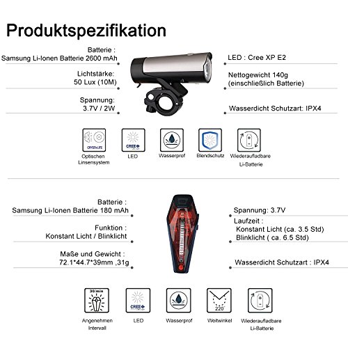 SUNSPEED Fahrradlicht Set/Fahrradbeleuchtung/Fahrradlampe, inkl. Frontlich und Rücklicht,50 LUX (260 Lumen) - 6