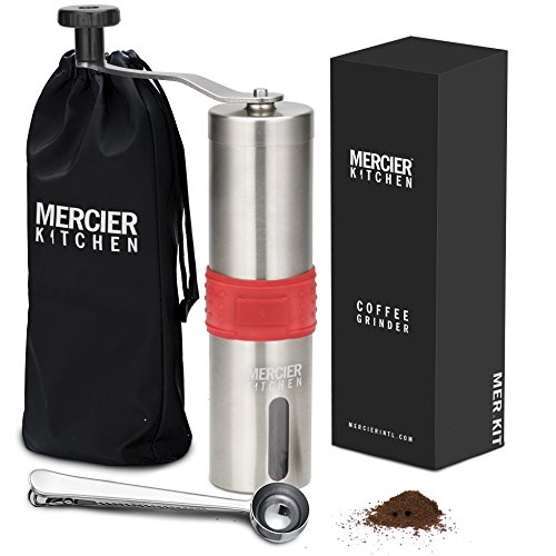 Mercier - Molinillo de granos de café manual con fácil agarre de silicona, ajustable de cerámica cónica de fresas - compatible con AeroPress - incluye bolsa de transporte y cuchara inoxidable
