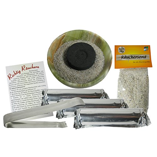 Räucher Starterset mit Räucheranleitung für jedes Räucherwerk 6-teilig #81002. Mit Räuchersand, 3 x Räucherkohle, Räucherzange, Onyx Räucherschale, Räucheranleitung "Richtig Räuchern".