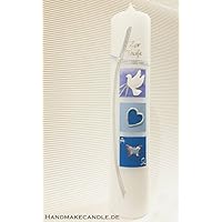 Taufkerze für Jungen, 300*60 mm. Mit Name und Datum beschriftet. Handarbeit.