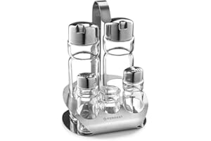 Forgast Set per Spezie 5 Elementi con Stand, Saliera, Pepiera, Dispenser per Olio e Aceto, Porta Stuzzicadenti, in Acciaio Inox, Transparente, Facile da Pulire, Lavabile in Lavastoviglie