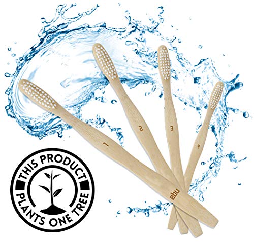 Soft/Medium Bristle Toothbrush by EBU® | Family 4 Pack | Bamboo Toothbrushes | BPA Free and Vegan Friendly | Zero Waste Packaging | 100% Recyclable EcoNylon and Biodegradable Moso Bamboo