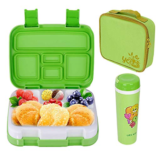 LAKIND Lunch Box, Porta Pranzo, Kids Bento Box con 5 Scomparti e Posate, Adatto a Microonde e Lavastoviglie (Verde + Coppa d'Acqua)