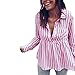 Produktbild Damen Bluse Tailliert Sommer Herbst Gestreift Langarm Hemdbluse Elegant Stehkragen Unter Pullover Button-down Hemd Oberteile V-Ausschnitt Casual Blusen Streifen Langarmshirts mit Tasche (S, Rosa)