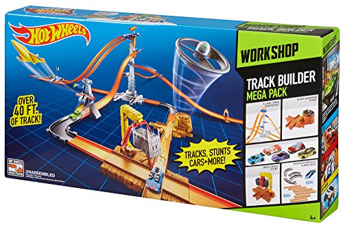 Hot Wheels Track Builder Mega Pack Workshop Over 40ft of track, 5 Lane Tower Starter Set, Alien Launcher Stunt, 5 Vehicles, Crate Crash Stunt & Track Esssentials Curve Pack...Combined RRP over £100