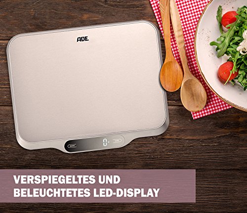 ADE Digitale Küchenwaage KE 1601 Ladina. Elektronische Waage mit XXL Wiegefläche aus Edelstahl für präzises Wiegen bis 15 kg. Mit Zuwiegefunktion (Tara), Auto-Hold. Inkl. Batterie. Silber - 5