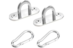 MIKIULY Placa de Ojo Acero Inoxidable Anclaje Pared con Tornillos,2 Piezas Placa Oblonga de Acero Inoxidable,con Mosquetón Multifunción,Resistentes Ganchos Techo Pared,para sillas Colgantes toldos Accesorios