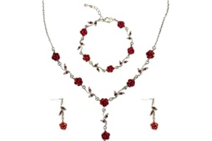 FDEETY Femme Mariage Parure Ensemble de Bijoux Rose Rouge Boucles d'oreilles Pendantes Boucles d'oreilles Y-Collier Fleur Collier Bracelet à Breloques Dangle Boucles d'oreilles Cadeau