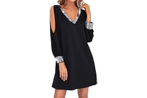 BOTCAM Abito da donna con paillettes, colore nero, sexy, con scollo a V, in chiffon, abito da donna, abito da festa con glitter, abito da donna