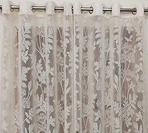 Honger Polyester Floral Design Heavy Net Tissue White Net Curtains Pack of 2 Pecs for 4 x 7 Feet Door Curtains