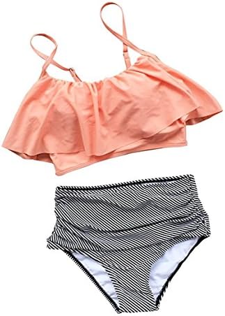 BLZ High Quality Bikini Set Fashion Women's Pure Pink Falbala Top Stripe Bottom Halter Padding Swimming Costume for Women 2 Pieces con High Waisted