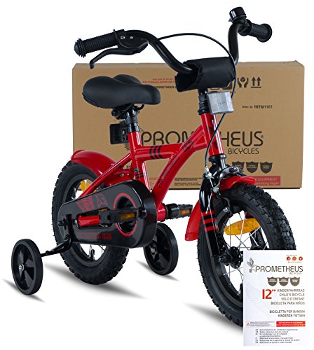 PROMETHEUS Bicicleta para niño y niña | 12 pulgadas | Color rojo y negro | Con ruedas de apoyo | Aluminio Frenos de tiro lateral y freno de contrapedal | A partir de 3 años | 12