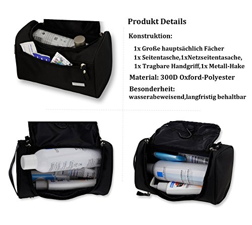 Kulturbeutel Kulturtasche | Wasserabweisend | Metall-Hake zum Aufhängen | Rechteck | Unisex | Der&Dies Premium Kulturbeutel mit vielen Plätzen und extra Länge für unterwegs - 5