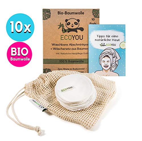 EcoYou® Waschbare Abschminkpads aus BIO-Baumwolle ? Wiederverwendbare Wattepads 10 STÜCK ? Nachhaltige Gesichtspflege für Frauen Inkl. DIY REZEPTE und Baumwoll-Wäschenetz