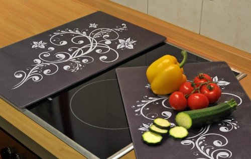Herdabdeckplatte Glas 2er SET Schwarz Ceranfeld Schneidebrett "Top Design"