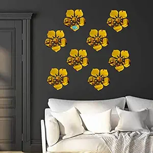 Look Decor 8 Flowers Golden 3D Acrylic Mirror Wall Sticker Decoration for Kids Room/Living Room/Bedroom/Office/Home Wall, Botanical