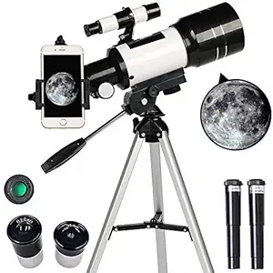 Mokshith Telescope, 70MM Refraction Astronomical HD Coated Glass Optical Lens, Movable Tripod for Beginners Outdoor Travel Viewing, White With Phone Holder