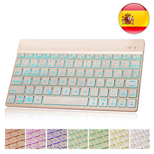 Bluetooth 3.0 Inalámbrico Teclado, Dingrich Universal Teclado 7 Colores Retroiluminados Compatible with Samsung Tablet, iPads, Android y Windows (Teclado Español)