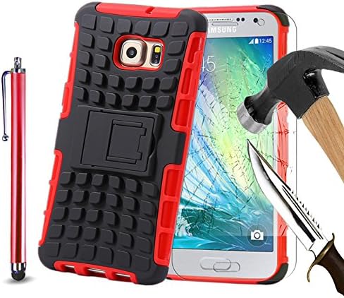 For Samsung Galaxy J3(2017), Armor Case Tough Rugged Shock proof Armorbox Dual Layer Heavy Duty Carrying Hybrid Hard Slim Protective Case For Galaxy J3(2017) (with Kickstand) + Big Touch Pen + Tempered Glass-Red