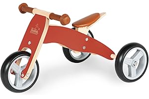 Mini tricycle Pinolino Charlie, en bois, convertible en 4 directions, selle réglable en hauteur en 6 directions, pour enfants de 1,5 à 3 ans, rouge/naturel