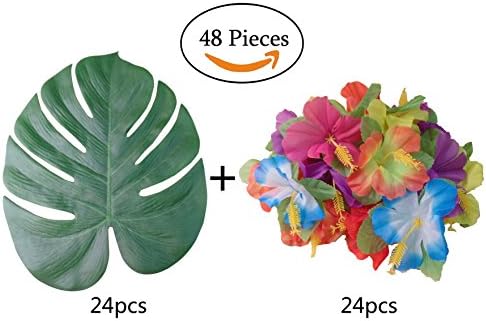 Artificial Palm Leaves 13inches and Hibiscus Flowers For Hawaiian Luau Party Tabletop Decoration Pack of 48