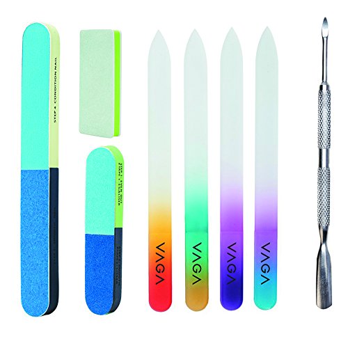 Premium Quality Professional Set With 8 Different Manicure Pedicure Nail Art Tools Accessories Including Crystal Glass Nails Filers / Files, Emery Buffers / Buffing / Sanding / Polishing Blocks And Stainless Steel Cuticles Pusher / Scraper By VAGA