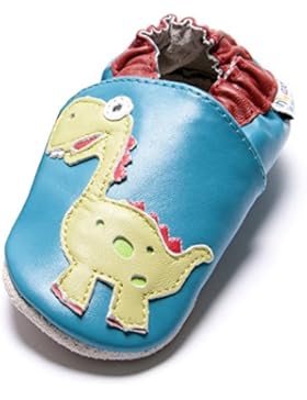 Jinwood - dinosaur oceanblue - soft sole - Dinosaurier - Hausschuhe - Lederpuschen - Krabbelschuhe - by amsomo