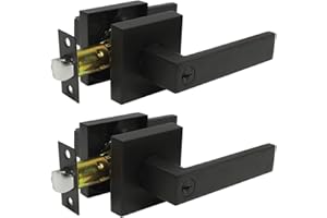 Probrico 2 Pack Square Entry Door Lever with Key Stainless Steel Exterior Flat Reversible Door Handle Security Front Door Lock Set Black