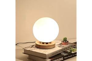 MENGJAY TRADE Minimaliste Nordique Créative Lampes de Table, Lampe de Chevet En Bois Boule En Verre Blanc, Lampe de lecture de protection des yeux, avec Interrupteur, Veilleuse d'éclairage décoratif (Rond)