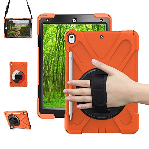 Junfire Coque pour iPad air 3, 2019 avec béquille,iPad Pro 10.5 Cover avec Porte-Crayon,dragonne et bandoulière 3 Couches Hybride résistant aux Chocs pour iPad Pro 10.5, 2017/iapd air 3, 2019(Orange)