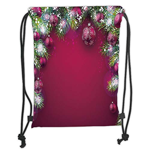ZKHTO Drawstring Sack Backpacks Bags,Christmas,Festive Traditional Composition with Fir Branches Vivid Balls Snowflakes Decorative,Magenta Green White Soft Satin,5 Liter Capacity,Adjustable S