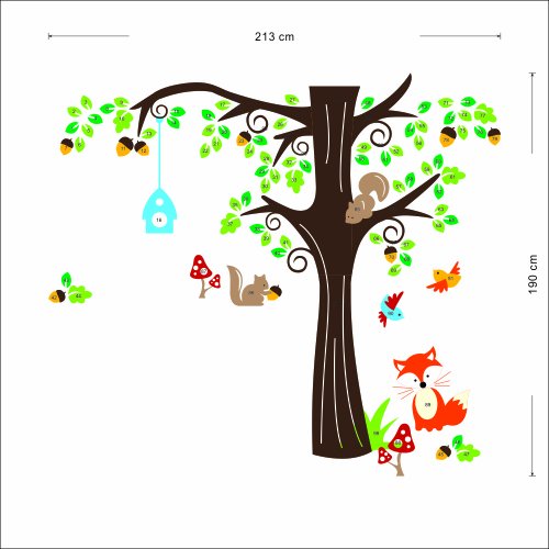 XXL Jungle Waldtier mit Fuchs, Vögel und Eichhörnchen spielen auf bunten Baum Wandtattoo Wandaufkleber für Kinder Kindergarten - 2