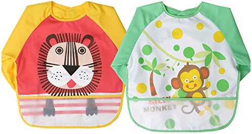 babylaza Kids Childs Arts Craft Painting Apron Baby Bib Messy Play Wipe Clean Coverall-Unisex Baby Waterproof Sleeved Bib Eat and Play Smock,Toddler Apron ((Yellow-Lions+Green-Monkey))
