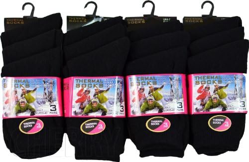 Womens Thermal Socks Ladies Winter Sock Plain Assorted Colours Size 4-7 Pack of 12 Pairs (4-7, Black)