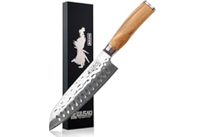 Wusaki - Couteau Santoku Lame Damas 17cm acier inoxydable 10Cr Manche Olivier avec coffret cadeau