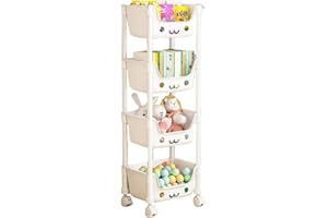 DBLWIN Toy Storage Trolley, Rolling Cart Storage Organizer, Snack Storage Cart, Utility Rolling Cart for Office Bathroom Kitchen Bedroom (White, 4 Tier)