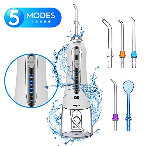 Idropulsore Dentale Portatile, Wayin 240ml Idropulsore Orale Portatile Ricaricabile USB Professionale Idrogetto Portatile con 5 Modalità 5 Beccucci per Pulizia Dentale Igiene Dentale Impermeabile IPX7