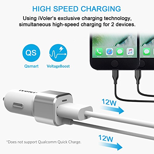  Garantie    Vie  iVoler Chargeur de Voiture Allume-Cigare 2 Ports USB 24W  4 8A avec C  ble Lightning  1 5m  Ultra Petit Chargeur Allume-Cigare USB d