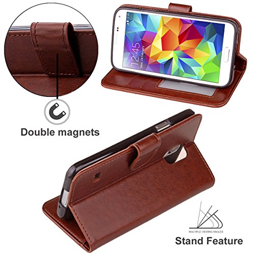 Galaxy S5 Hülle, S5 Hülle, LANOU Ledertasche im Bookstyle Handyhülle mit Ständer + Kartenfach PU-Leder Tasche Flip Handys Case Multifunktionale Brieftasche Etui Schutz Hülle für Samsung Galaxy S5 / i9600 (Kaffee Braun) - 3