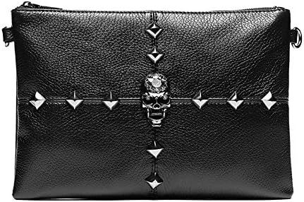 Men's PU Leather Skull Rivet Decoration Envelope Clutch Bag Wristlet Handbag Wallet Business Portfolio Briefcase Black