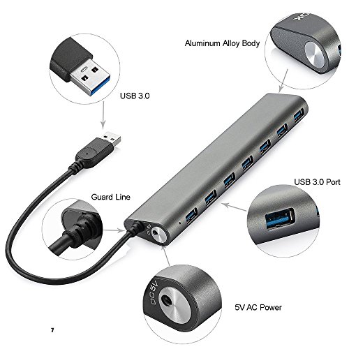 Laptone USB 3.0 Hub Superspeed 7 Port Hub Bus Powered und Mit Netzteil (power adapter) für Mac,iMac,MacBook Pro Air,Ultrabooks,Microsoft Surface RT,Laptops,Raspberry pi,drucker -Siber - 2