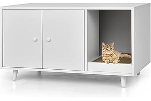 COSTWAY 3 en 1 Casa para Gatos con Rascador Extraíble, Mesa de Centro Auxiliar de Madera, Cueva para Gatos con 2 Puertas, Mueble Arenero de 90 x 50 x 50 cm (Blanco)