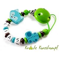 Schnullerkette mit Namen für Jungen mit Fuchs, Lok - türkis, grün, braun